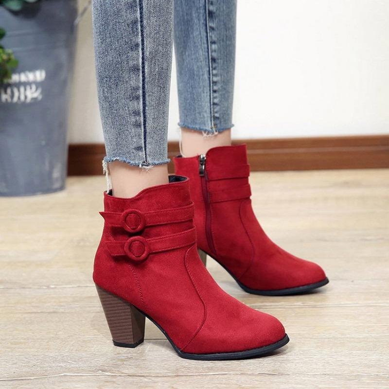 Damskie Buty Zamszowe Krótka Cholewka Zamek Boczny Sztuczne Krótkie Futro Średniej Wysokości Obcas Grubszy Obcas Gumowa Czubek Szpiczasty Modne Buty