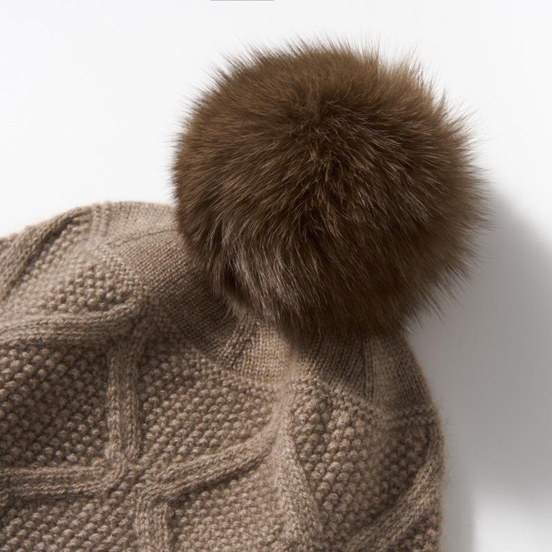 Cashmere Autumn and Winter New Women's Twist Outdoor Warm Diamond Shaped Fur Ball Ear Protection Knitted Casual Hat