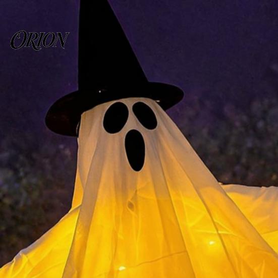Lighted Ghost Pendant Halloween Hanging with Witch Hat, Light Up Spooky Tree Decorations Outdoor Decor for Porch Tree, Haunted House Scene Ornament