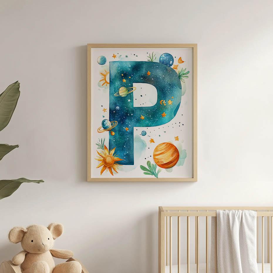 Plakat Literka P W Kosmosie Plakat Literka P W Kosmosie, 50X70 Cm, Rama Aluminiowa Złota, Papier Matowy 230 Gsm