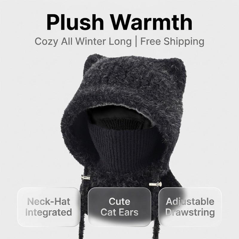 Warm Knitted Winter Hat With Ear Flaps Neck Cover Windproof Fleece-Lined Beanie Cold Weather Cycling