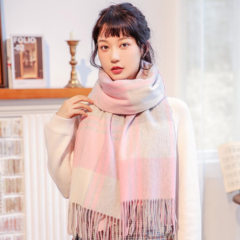 100% Wool Scarf Women Thicken Warm Pink Plaid Echarpe Shawls and Wraps Checkered Pashmina Winter Cashmere Scarves Foulard Femme