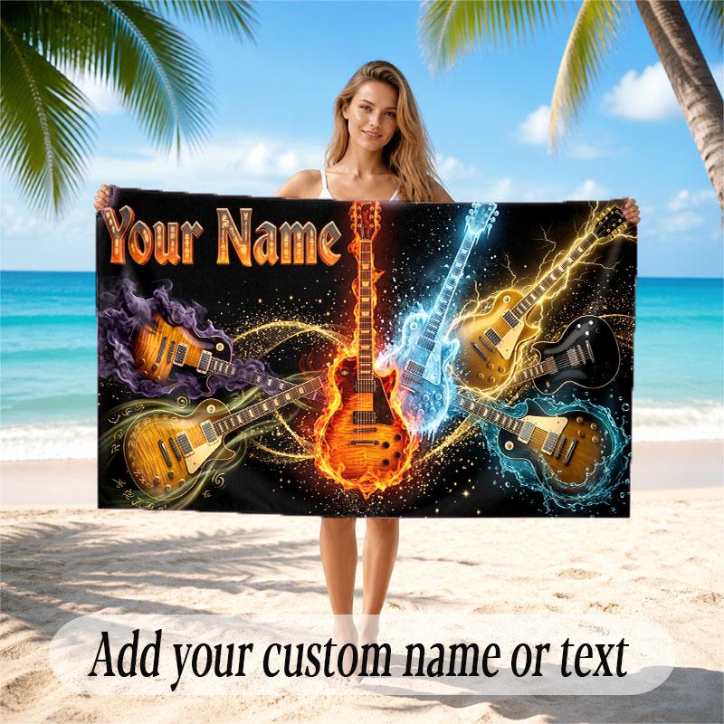 Music Guitar Theme Beach Towel Personalized Custom Name & Text Soft Quick Dry Beach Towel for Swimming Travel