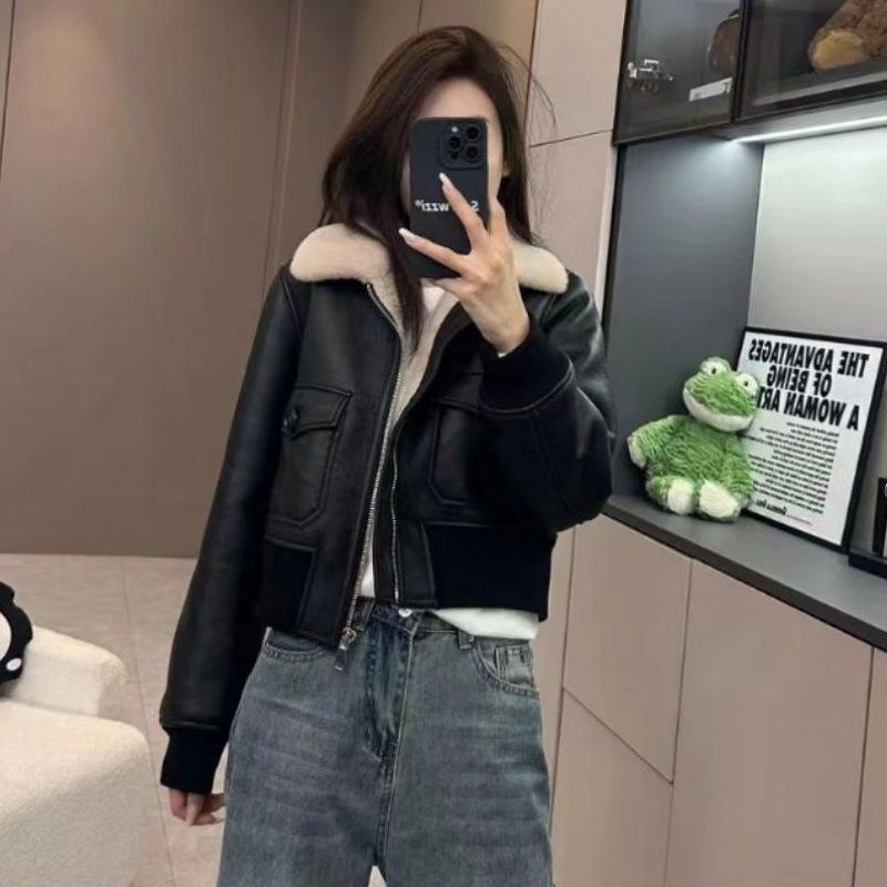 Chaqueta de Moto de Cuero de Lana de Cordero de Invierno a la Moda para Mujer Maillard