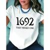 Women's T-shirt, 1692 Witch Memorial Letter Print, White Short Sleeve Round Neck Printed T-shirt - Machine Washable, Suitable for Spring, Summer,