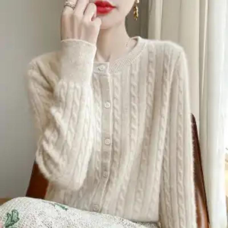 

Шерстяной свитер Вязаный кардиган Осень Зима Новый Круглый вырез Однотонное пальто Топ M бежевый