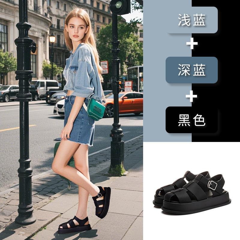 2025 Spring and Summer New Women's Leather Bag Head Roman Sandals Women's Casual Platform Pig Cage Shoes Fashion Woven Women's Shoes