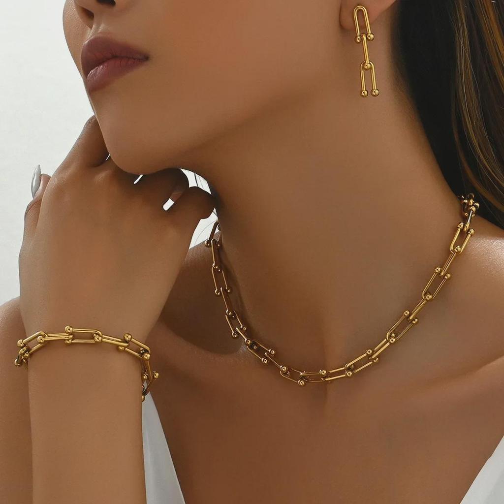 European and American Style Jewelry Set: U-Shaped Horseshoe Necklace, Earrings, Bracelet