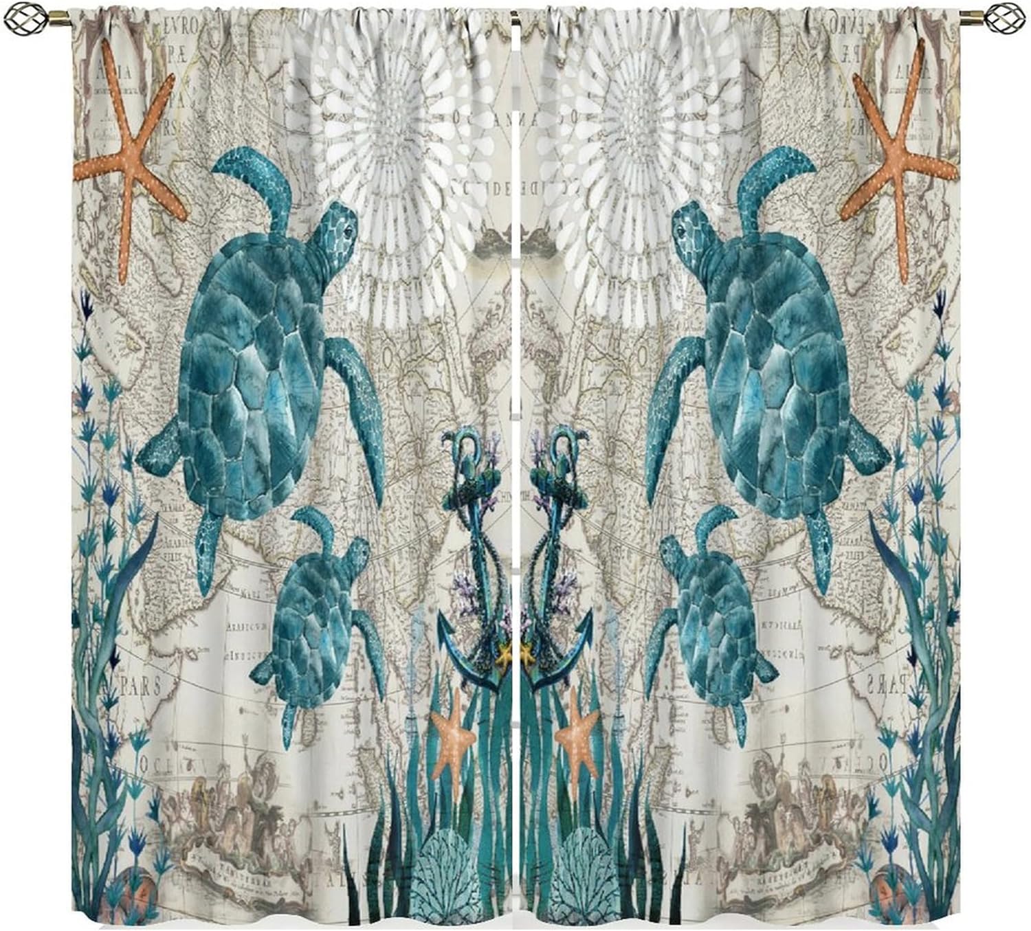 Tonnika Chen Coral Sea Turtles Curtains Tropical Ocean Beach Teal Starfish Reef Nautical Map Decor Bedroom Living Room Window Drapes Curtain Polyester Ideal For