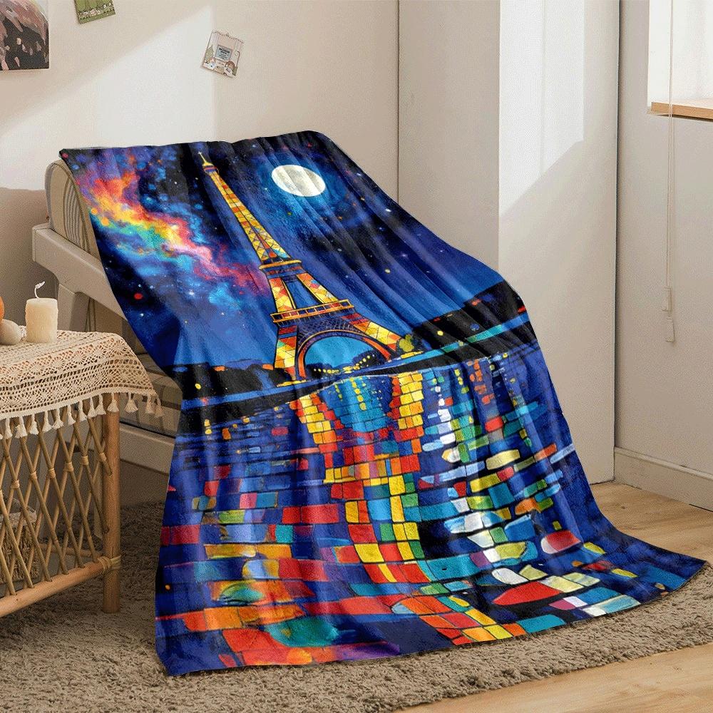 Colorful Eiffel Tower with vibrant sky and water reflection pattern. for all seasons blanket lunch break throw gift