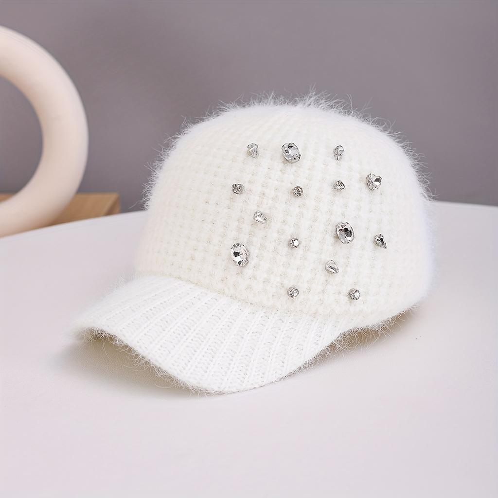 Women's Luxury Furry Hat with Artificial Jade Long Plush Yarn & Rhinestone-Adorned Wide Brim, Adjustable Non-Stretch Fit, Hand Washable Winter Cap