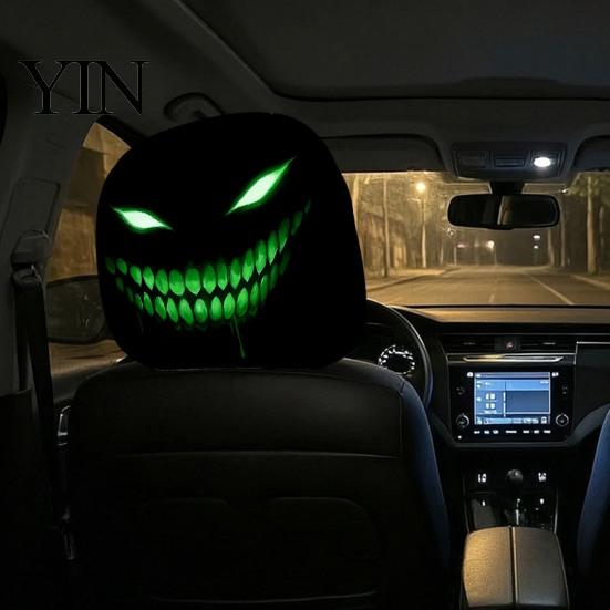 Easy Clean Seat Covers 2Pcs Spooky Car Headrest Covers, Cartoon Evil Face Auto Polyester Protectors, Elastic Protectors for Cars Trucks SUVs
