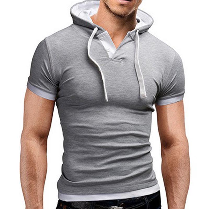 Letní pánská móda Slim Fit Topy s krátkým rukávem Jednobarevné Svalnaté tričko s kapucí