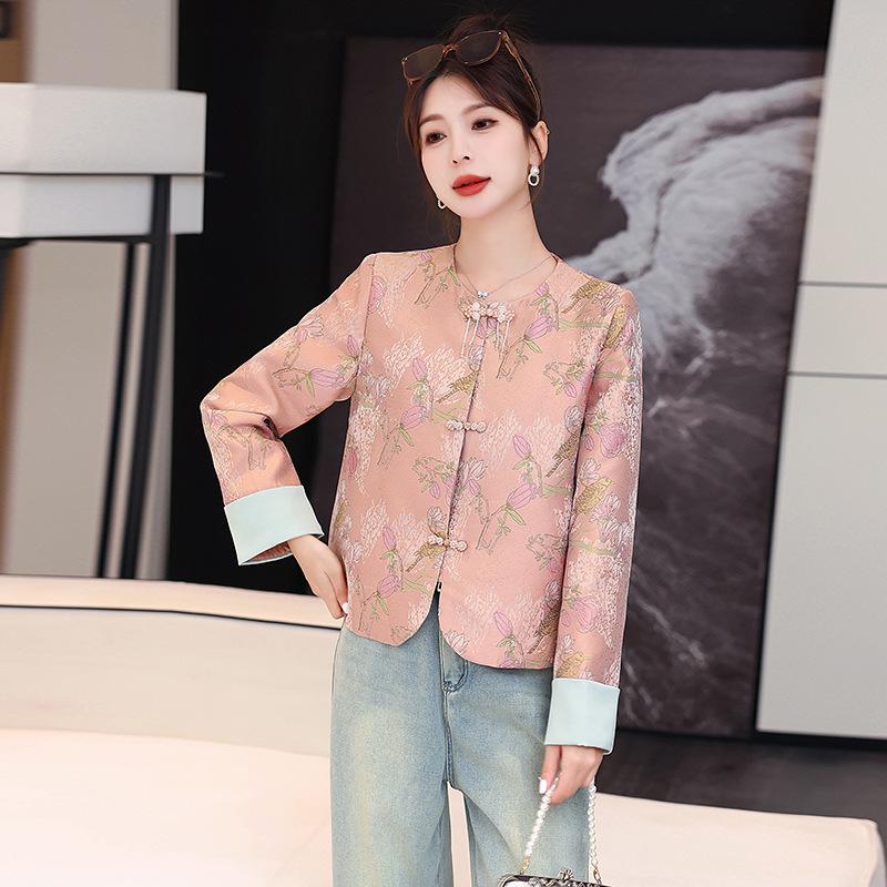 2024 Spring Women's Pink Jacquard Frog Button Fashion Coat - Chinese National Style (Model ME6031)