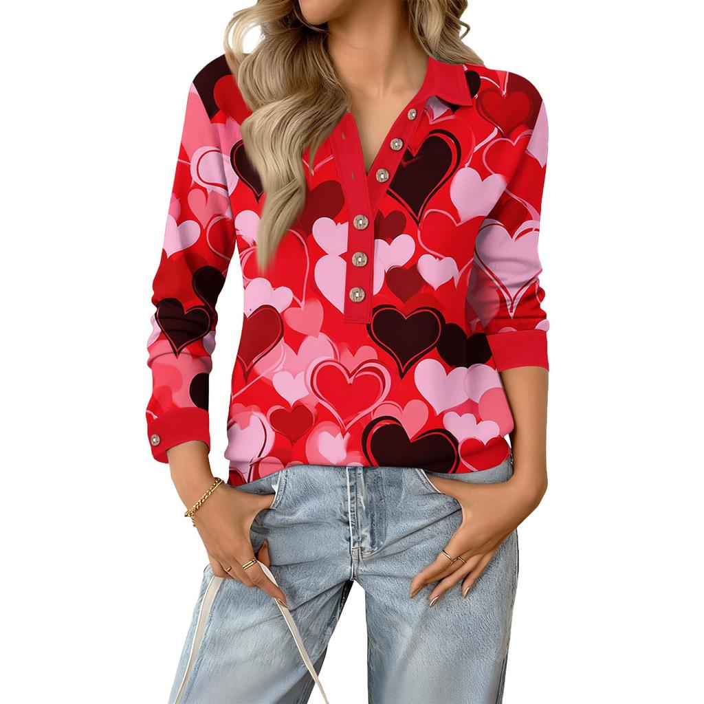 Damen Retro Street Lässiger V-Ausschnitt Langarm Knopf Valentinstag Herz Pullover Top