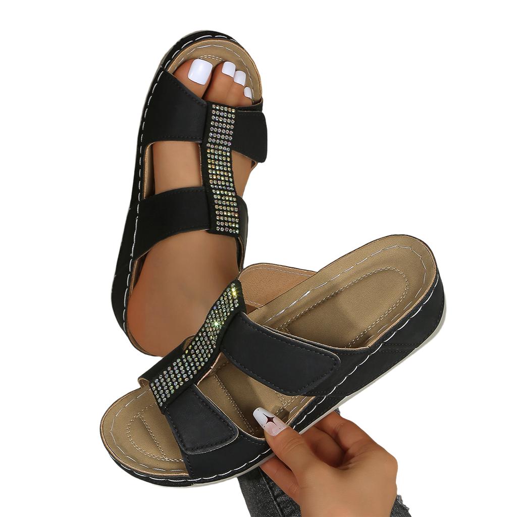 Women's Casual Wedge Slide Sandals with Adjustable Straps and Rhinestone Embellishments Comfortable Summer Footwear for Daily Wear