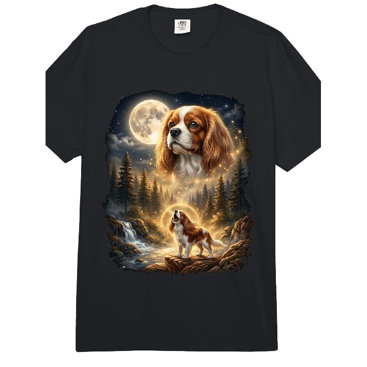 Cavalier King Charles Spaniel Howling At The Moon Retro Comfort Colors Adult Heavyweight T-shirt Sky King 220gsm Cotton Round Neck Short Sleeve