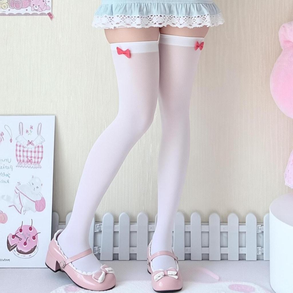 In-Stock Pink Over-the-Knee Women's Socks, Summer Thin Style with Bow, JK Ballet Style White Stockings