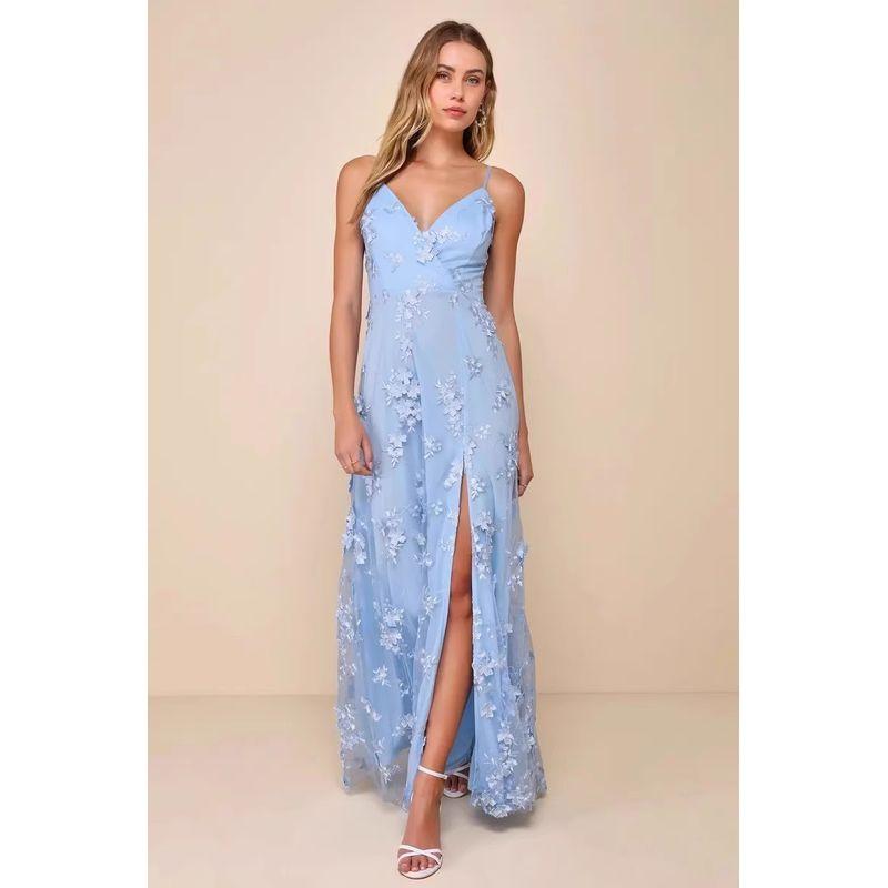 

Trade Order Lu Jia Sling Backless Heavy Industry Fairy Style Three-dimensional Flower Annual Meeting Party Red Carpet Embroidery Long dress Dress Light Blue L