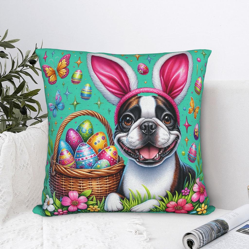 Cute Bunny Boston Terrier Dog Easter Eggs Pillow Case Novelty Pillow Cover Comfy Pillowcases For Sofa Home Decor