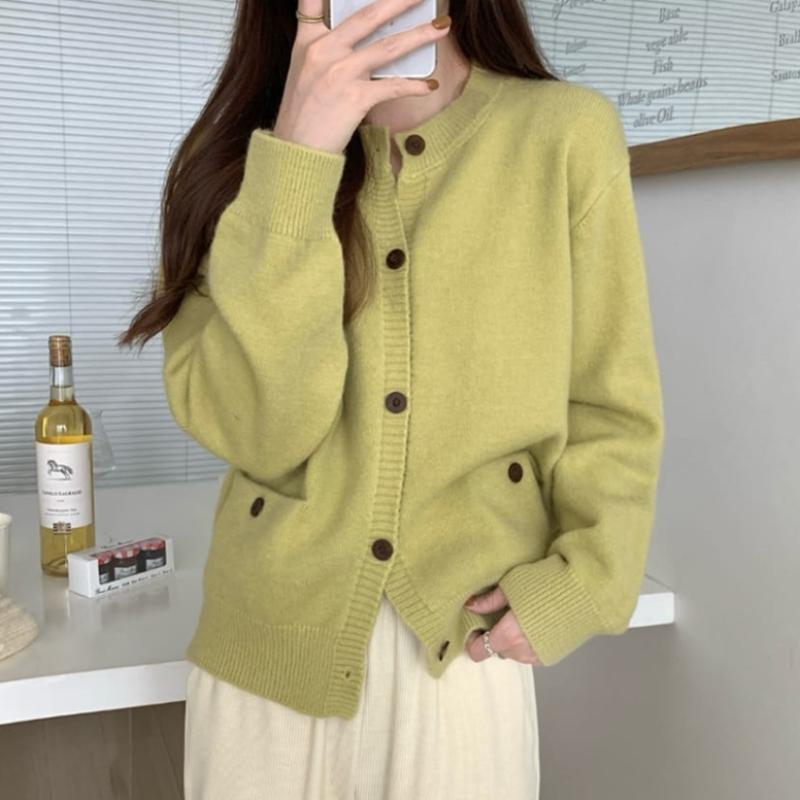 Navava Simple Daily Solid Round Neck Long Sleeve Knit Cardigan Nk3131