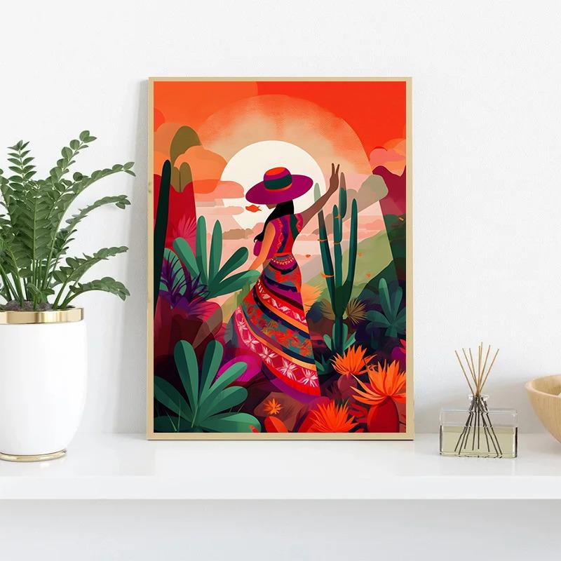 Woman Flower Plants Ethnic Latinx Poster Print Canvas Painting Latina Eclectic Maximalist Wall Art Picture for Room Home Decor