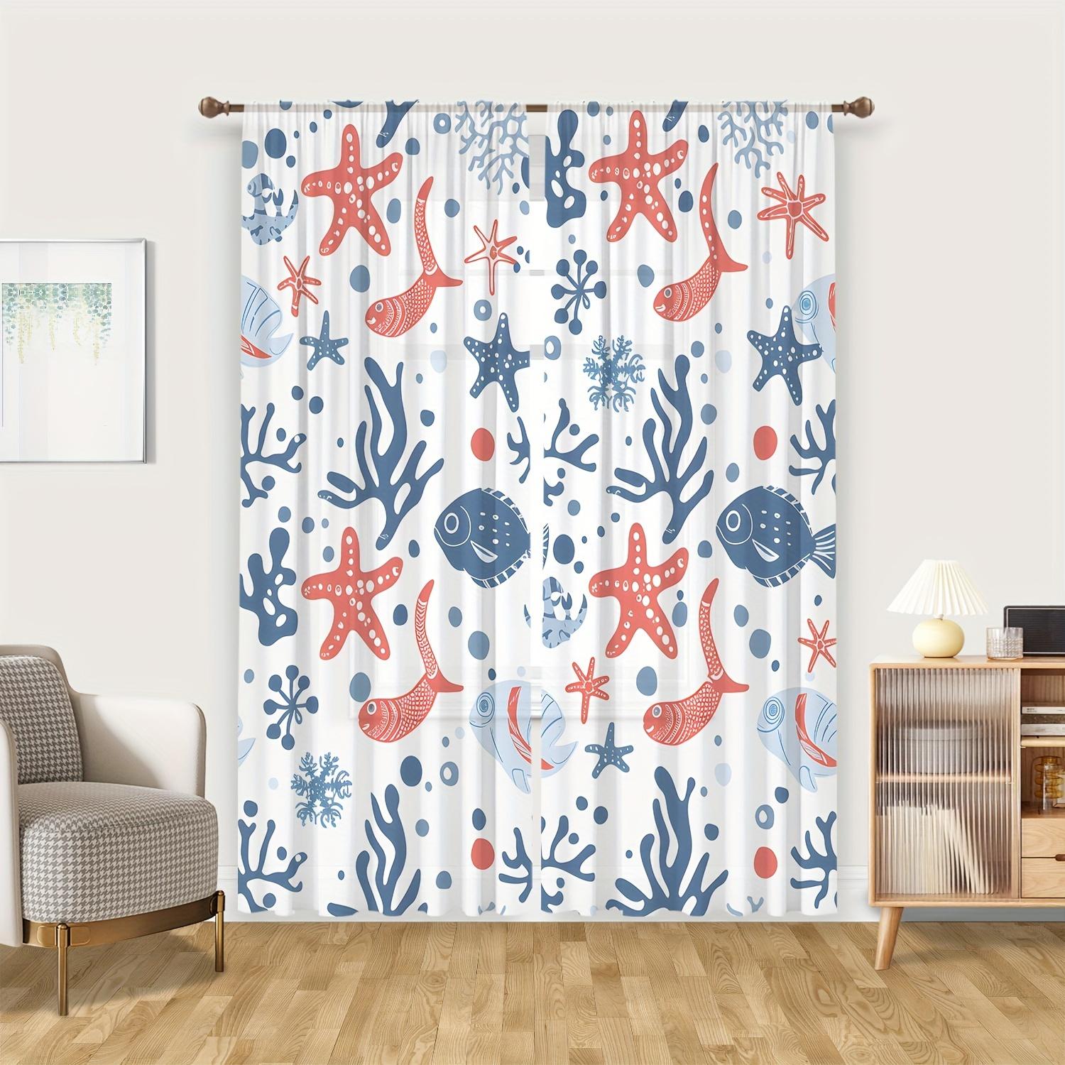 

Cartoon Starfish Coral Reef Pattern Curtains Polyester Fabric Suitable Bedroom Living Room Curtain For Made Of Machine Washable W100*H70(CM)-Grommet top&1PCS