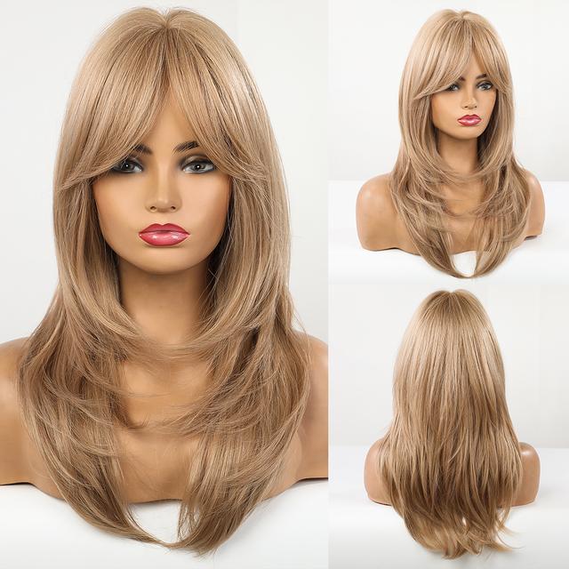 Synthetic Wigs Long Natural Wavy Wig Ombre Brown Golden Highlight Blonde Layered Hair with Side Bangs for Women Heat Resistant