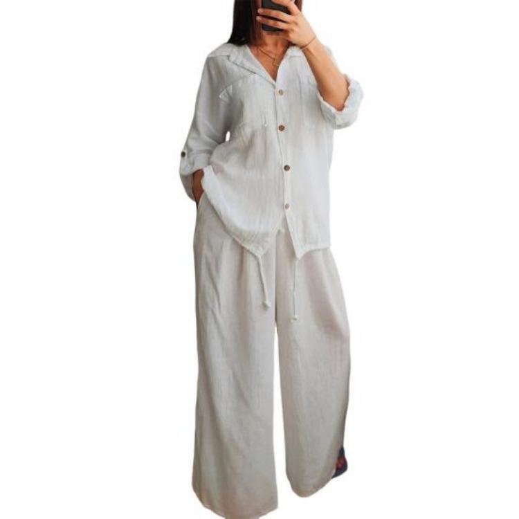 Women's Casual Lounge Set Cotton Linen Two Piece Outfit Long Sleeve Button Down Blouse And Wide Leg Pants With Drawstring Hem