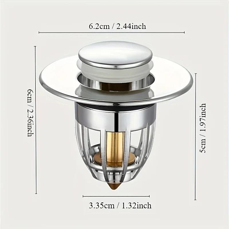 Rebound Drain Plug Filter Basin Pop-Up Chrome Sink Universal Filter With Hair Catcher Bathroom Sink Drain Plug Easy To Push