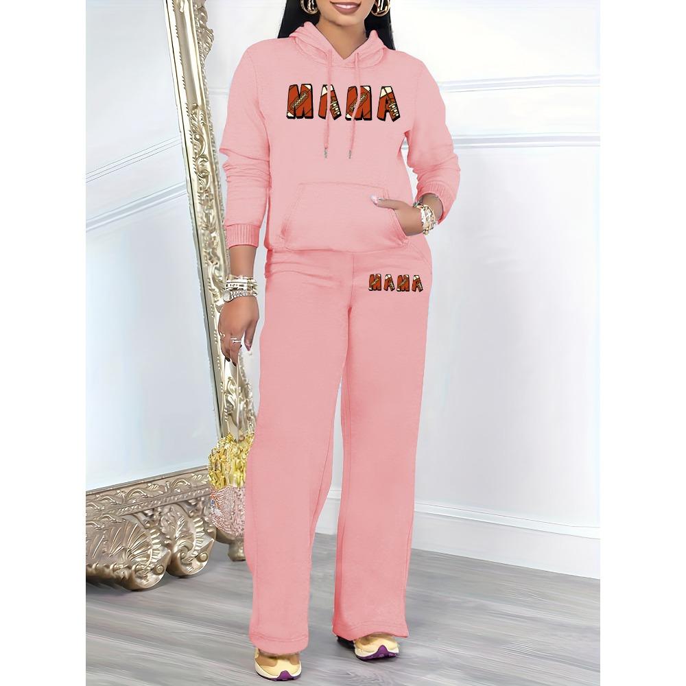 European and American Style Casual Two Piece Set, Retro Printed Hooded Sweatshirt with Matching Wide Leg Pants, Home Commuting Set