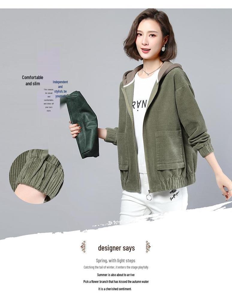2024 Autumn Women's Plus Size Hooded Corduroy Jacket - Korean Style
