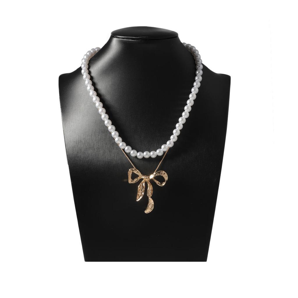Light luxury imitation pearl fashion one more wear personalized metal bow pendant women's necklace