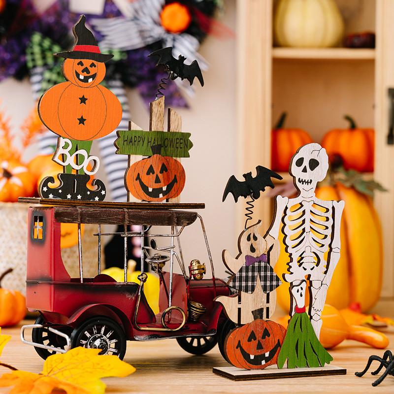 Whimsical Wooden Halloween Decoration Including Spring Bat Pumpkin And Skull For Atmosphere Spooky
