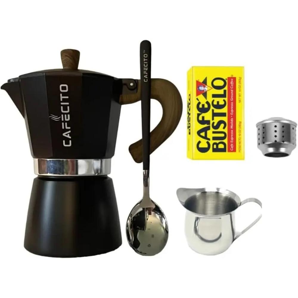 Cuban Coffee Starter Kit | Cafecito 6 Cups Moka Pot Set | Cafetera Cubana Stovetop Espresso Maker Set | Anti-Splash Valve Includ