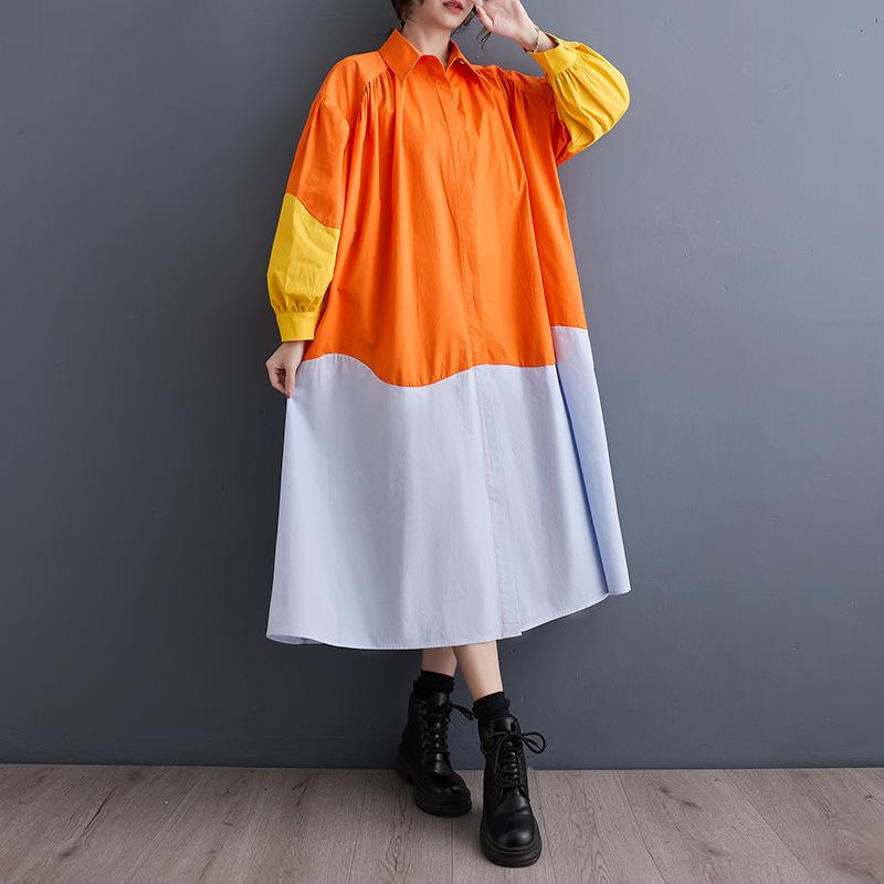 

Весенне-летнее женское модное повседневное платье-рубашка больших размеров с длинными рукавами, свободное платье средней длины с рукавами-фонариками и цветными блоками One Size жёлтый/оранжевый