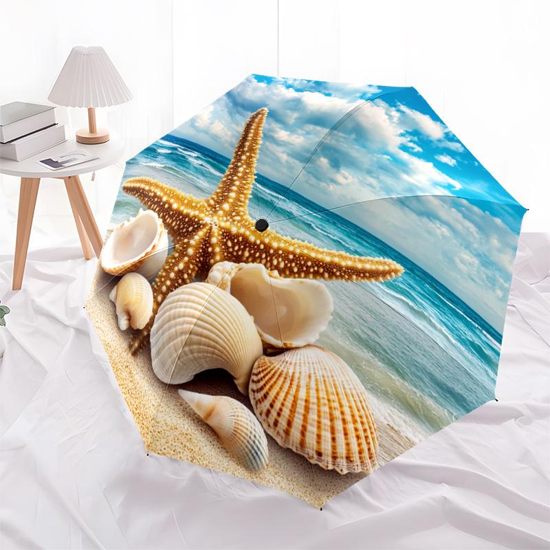 1 PC Automatic Folding Umbrella - Starfish Shells Pattern, Portable & Foldable Design with 8 Ribs, Christmas Birthday Gifts