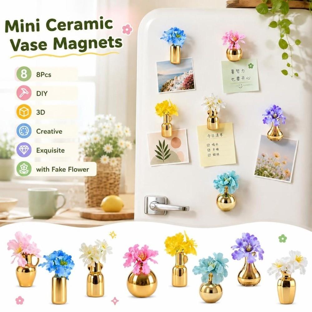 8Pcs Creative Mini Ceramic Vase Magnets DIY Refrigerator Magnets Vase Living Room