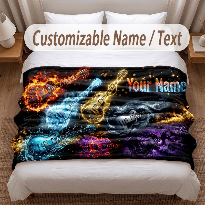 Music Guitar Theme Soft Blanket Personalized Custom Name Text Print Warm Blanket Home Sofa Bedroom Decor