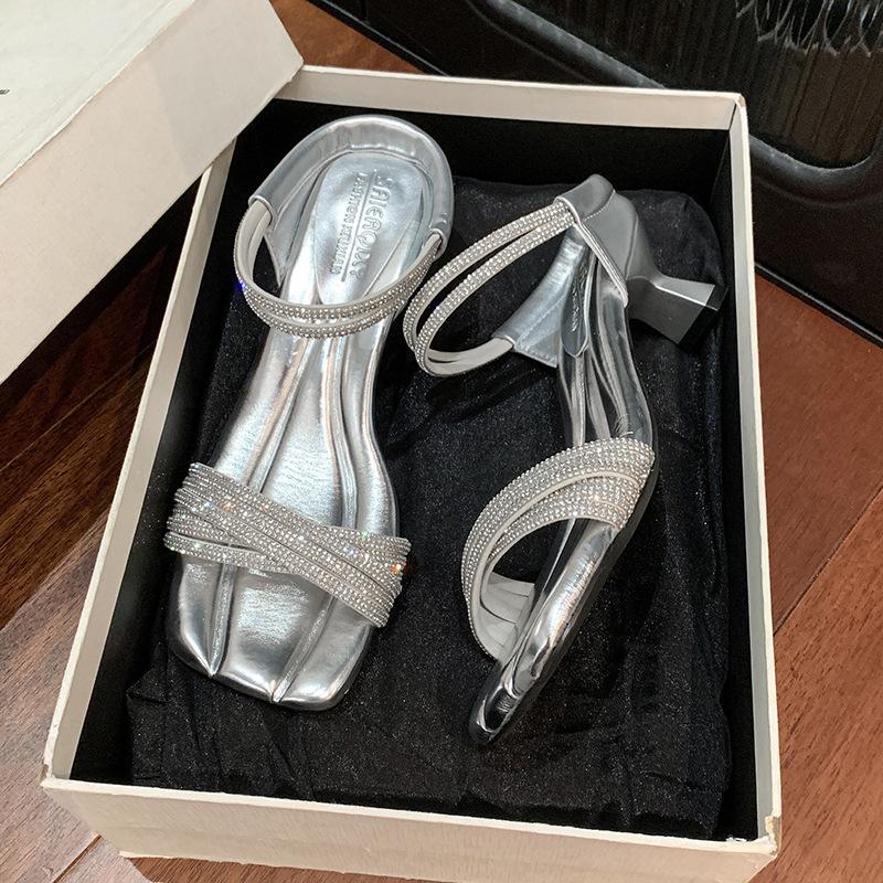 High heels, new one-word sandals in the summer of 2025, temperament rhinestone square head open-toed women's shoes are popular in summer