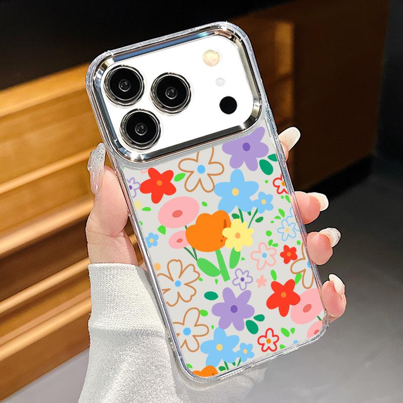 Pink Cartoon Floral Case For iPhone 17 Pro Max iPhone 16 15 14 13 Pro Max 11 17e 16e Plating Lens Frame Clear Soft Silicone Back Cover