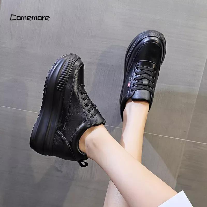 Platform Wedge Female Women 8CM Heels Sneakers Chunky Spring Autumn Shoe Women’s Genuine Leather Casual Black Shoes