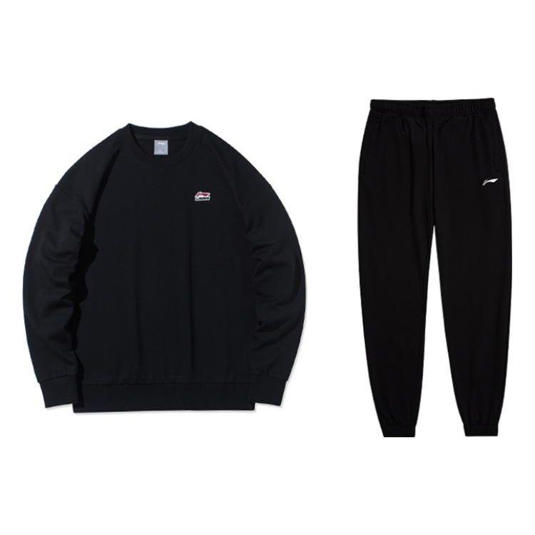 Li-Ning Solid Color Crew Neck Pullover Sweatshirt And Cuffed Knit Sports Pants Set Men Sweatshirt And Pants Set Black AWDTC19-1+AKLQ977-1