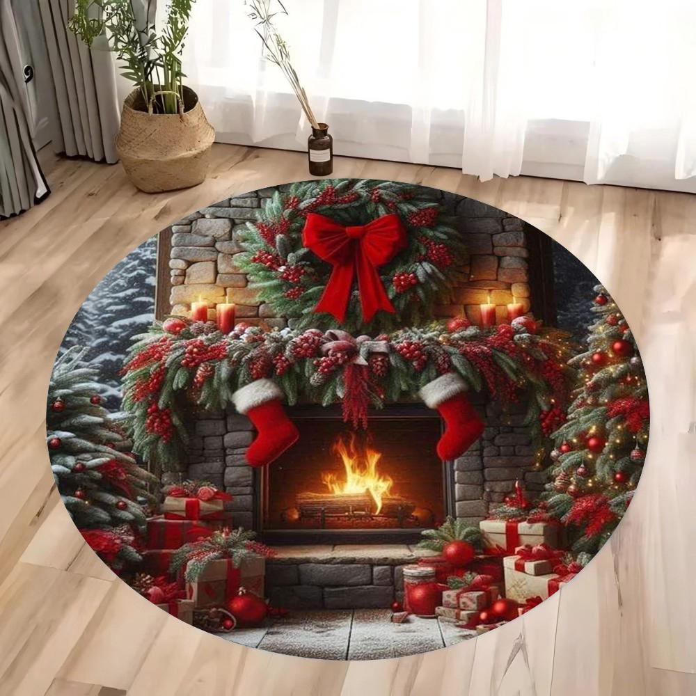 Christmas Living Room Decoration Christmas · Retro Fireplace Round Carpet Bedroom Carpet Home Floor Mat Washable Leisure Carpet
