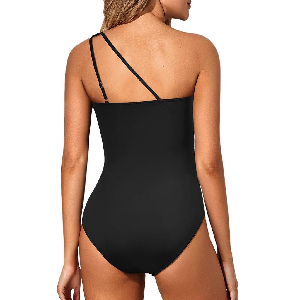 2025 European & American One-Shoulder Solid Color Cutout One-Piece Conservative Swimsuit