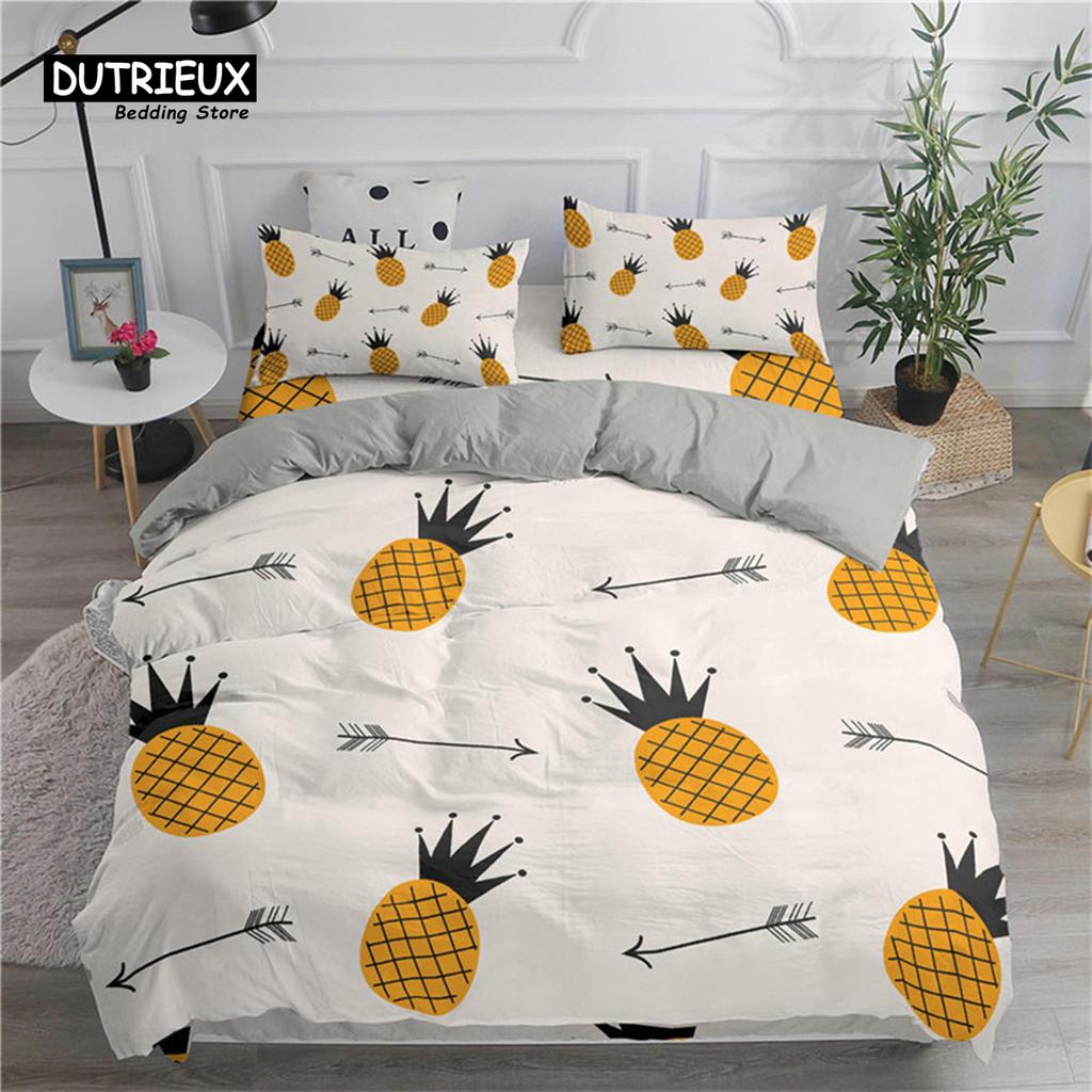 Funny Tropical Fruit Bedding Set Microfiber Pineapple Pear Geometric Pattern Duvet Cover With Pillowcases For Kids Bedroom Decor