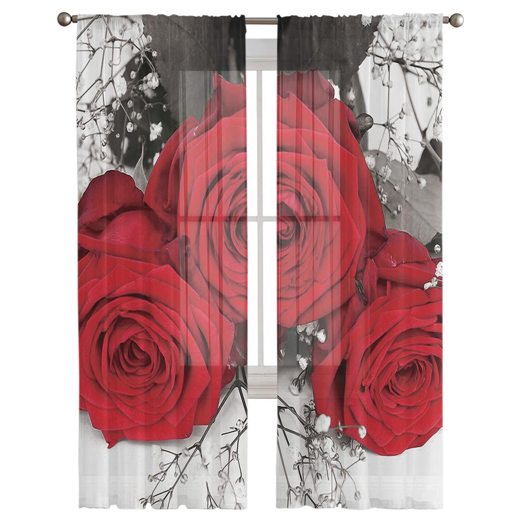 Red Rose Flower Modern Curtains For Living Room Transparent Tulle Curtains Window Sheer For The Bedroom Accessories Decor
