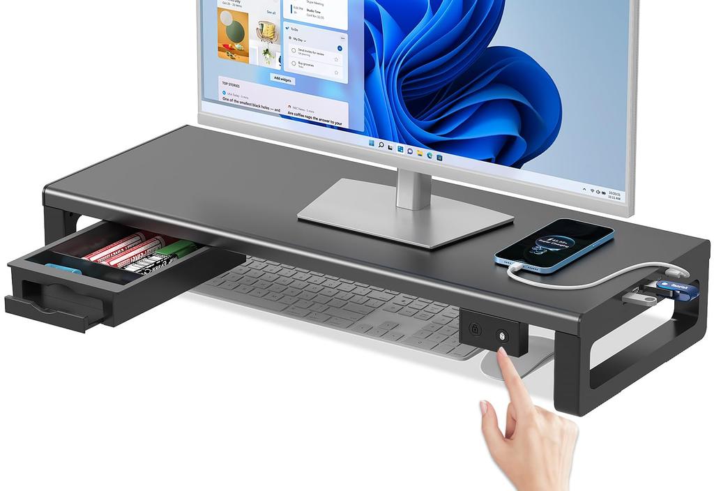 EAYHM Monitor Stand with Windows Hello Fingerprint Desktop Computer Stand with USB Hub Display Stand with Drawer and Smartphone Weight Capacity 25kg