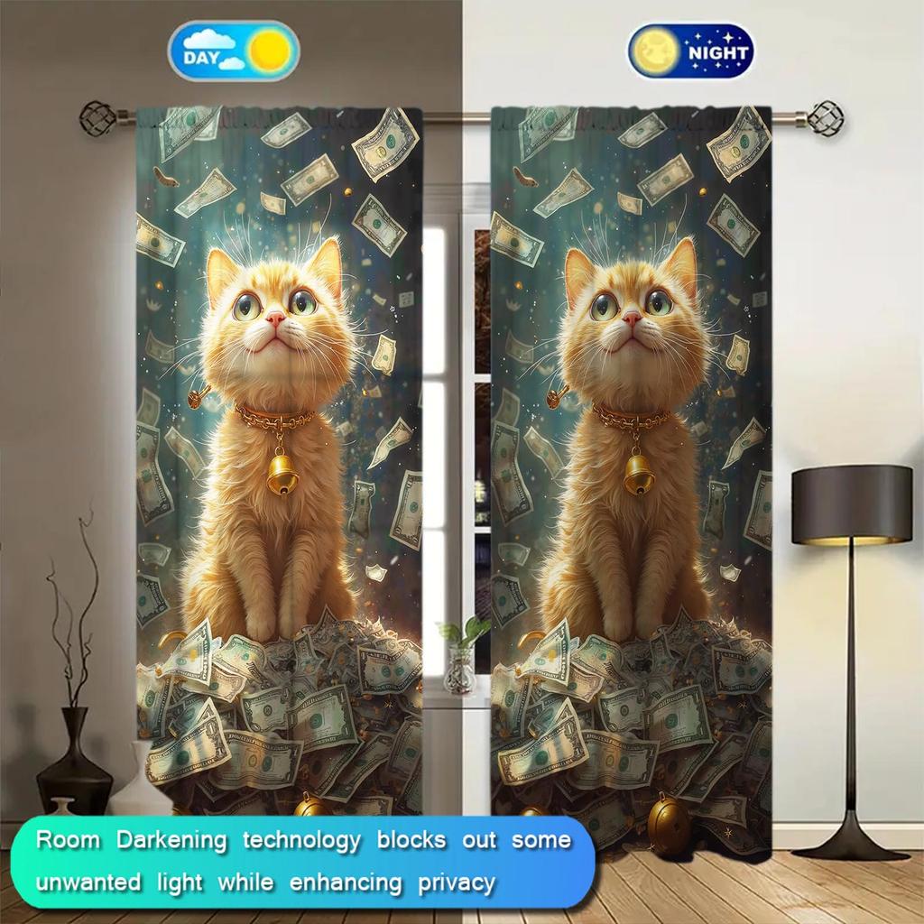 Artistic Panels Cute Cat Money Pile Pattern Window Curtains Half Suitable Home Decorative Blackout Made Of Polyester