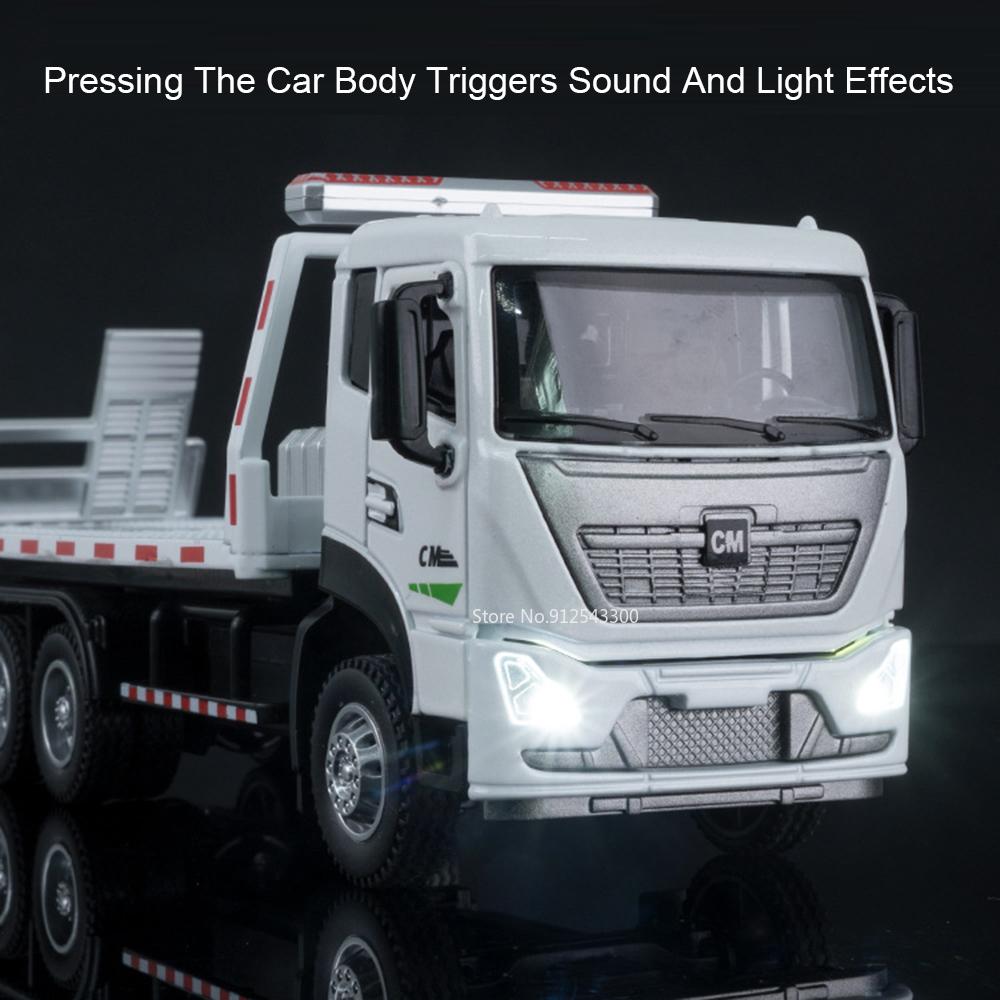 1:32 Scale Road Rescue Car Muck Transport Model Toy Flat Trailer Sound Light Engineering Vehicle Models Hobby Ornaments Gifts